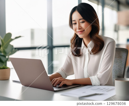 Asian woman working on a computer 129678036