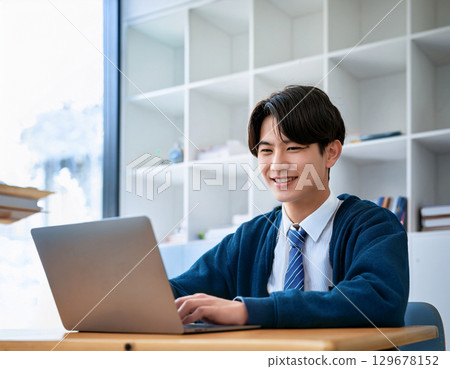 Young Asian man using a computer 129678152