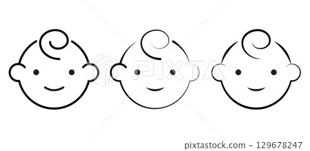 Cute Baby Faces in Simple Line Art. stylized baby faces, drawn in a simple black line art style. 129678247