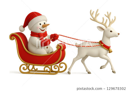 Snowman in a red hat and a cute reindeer 129678302