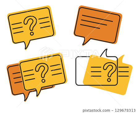 Chat icon. Dialox text. Four Speech Bubbles with Question Marks, Representing Uncertainty. 129678313