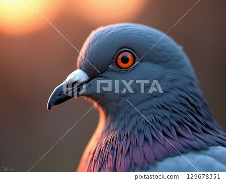 Detailed Close Up Pigeon Bird Head Profile at Sunset Time 129678351