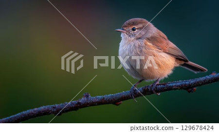 一隻小鳥棲息在沾滿晨露的樹枝上的特寫鏡頭 129678424