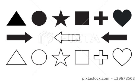 Basic geometric shapes, including triangles, circles, stars, squares, plus signs, and hearts, rendered in both black solid fill and white outlines. Basic geometric shapes, including triangles, circles, stars, squares, plus signs, and hearts, rendered in both black solid fill and white outlines. 129678508