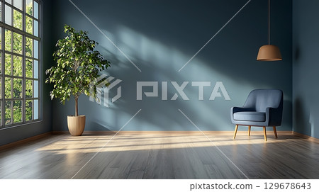 Modern interior design featuring plant and armchair in tranquil blue wall setting 129678643