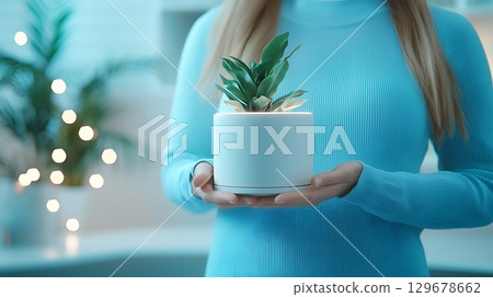 Woman holding white pot with green plant in bright indoor setting with soft blue tones 129678662