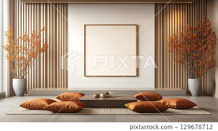 Modern minimalist interior design with empty frame and warm autumn decor elements 129678712