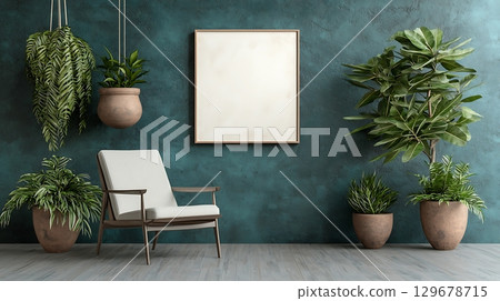 Modern Indoor Plant Decor with Empty Frame and Stylish Chair Against Green Wall 129678715