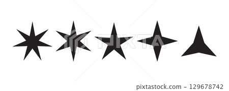 A collection of various star shapes, in solid black, against a pure white background. 129678742