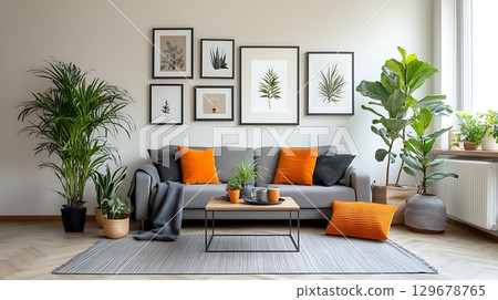 Cozy modern living room with plants, art frames, and comfortable sofa with orange cushions 129678765