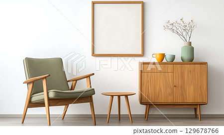 Modern Living Room Setup with Wooden Furniture and Minimalist Decor for Cozy Ambiance 129678766