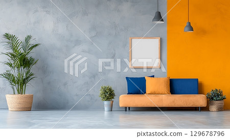 Modern Living Room with Stylish Sofa, Empty Frame, Indoor Plants, and Bright Walls 129678796