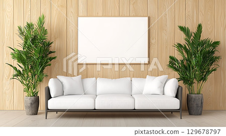 Modern Living Room with White Sofa and Indoor Plants Against Wood Panel Wall Modern Living Room with White Sofa and Indoor Plants Against Wood Panel Wall 129678797