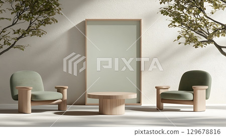 Modern minimalist interior design featuring elegant chairs, table, and serene wall decor 129678816