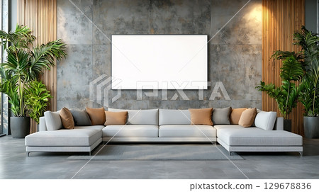 Modern minimalist living room design with large empty canvas and stylish furniture accents 129678836