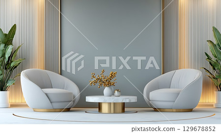 Elegant Lounge Area with Contemporary Chairs and Modern Coffee Table in Stylish Interior Design 129678852