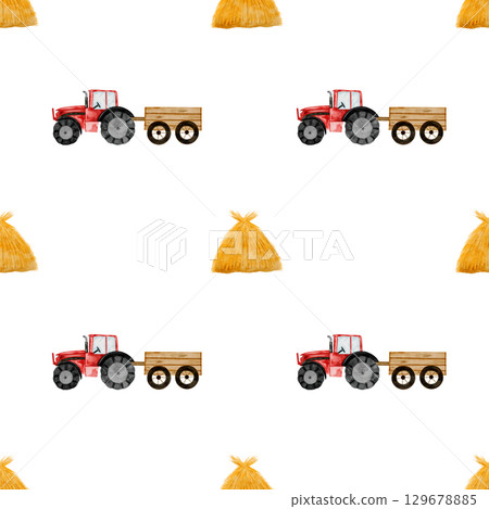 Tractor and haystack watercolor seamless pattern. Drawing of a red toy car with a cart on a white background. Illustration of an agricultural machine. For children's textiles, bed linen, diapers Tractor and haystack watercolor seamless pattern. Drawing of a red toy car with a cart on a white background. Illustration of an agricultural machine. For children's textiles, bed linen, diapers 129678885