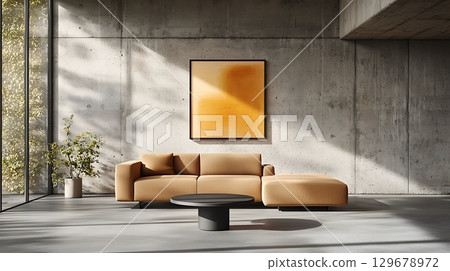 Modern Living Room Interior with Minimalist Design and Cozy Beige Sofa and Artwork 129678972