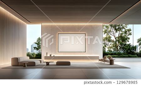 Modern Minimalist Living Room Interior with Large Window and Simple Furniture Design 129678985