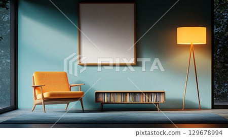 Cozy living space with mid-century modern chair, bright lamp, and empty wall for artwork 129678994