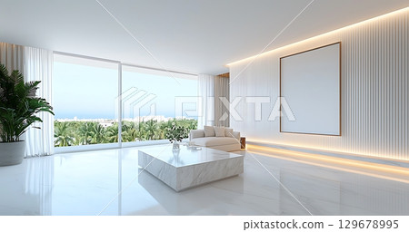 Modern Minimalist Living Room with Bright Windows and Scenic Ocean View 129678995