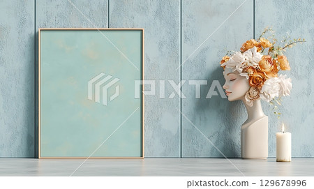 Minimalist Display with Elegant Floral Arrangement and Blank Frame on Serene Blue Wall 129678996