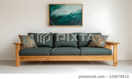 Cozy Modern Sofa with Colorful Cushions and Abstract Art on Wall 129679010