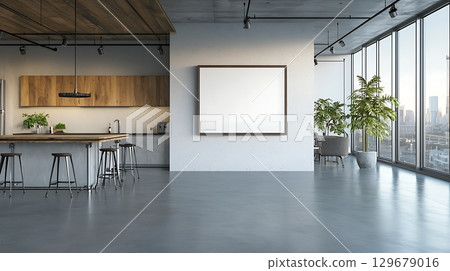 Modern open concept living space with minimalist design and large windows overlooking cityscape Modern open concept living space with minimalist design and large windows overlooking cityscape 129679016