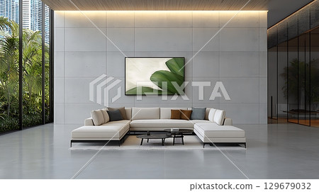 Modern minimalist living room with white sofa, indoor plants, and large wall art 129679032