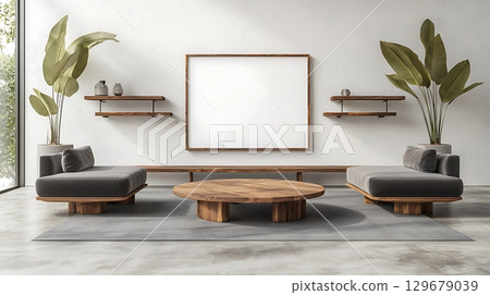 Modern minimalist living room with gray sofas, wooden coffee table and large blank frame 129679039