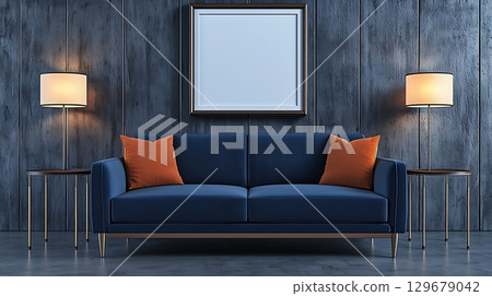 Modern Living Room Design with Blue Sofa and Orange Cushions in Cozy Interior Setting 129679042