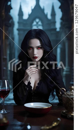 Beautiful black-haired vamp woman with hypnotic red eyes sitting at the table in gothic castle and taste bloody wine. 129679047