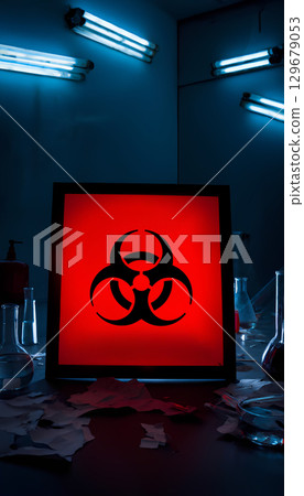 Chemical research laboratory with dim light and a big red board with a biohazard sign, no people, copy space. Chemical research laboratory with dim light and a big red board with a biohazard sign, no people, copy space. 129679053