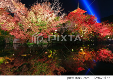 [京都府]對稱的清水寺三層寶塔和紅葉點亮 129679166