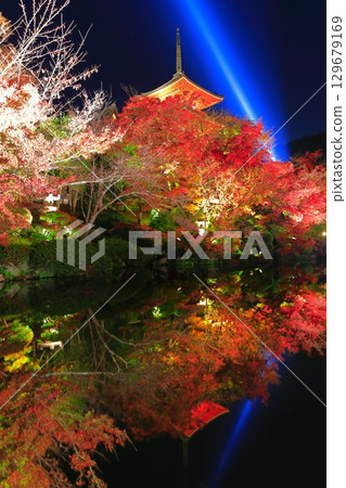 [Kyoto Prefecture] Symmetrical Kiyomizu-dera three-storied pagoda and colored leaves light up 129679169