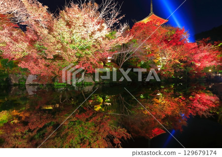 [Kyoto Prefecture] Symmetrical Kiyomizu-dera three-storied pagoda and colored leaves light up 129679174