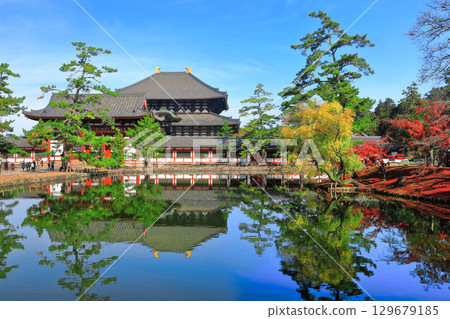 [Nara Prefecture] Symmetrical Todaiji Temple and autumn leaves (Great Buddha Hall and Inner Gate) 129679185