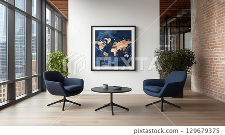 Modern office interior with stylish chairs, coffee table, and world map wall art 129679375