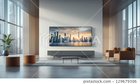 Modern Living Room with Urban Cityscape and Large Flat Screen TV at Sunset Modern Living Room with Urban Cityscape and Large Flat Screen TV at Sunset 129679386