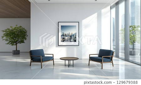 Modern Interior Design with Chairs, Table, and Cityscape Artwork in Bright Space 129679388