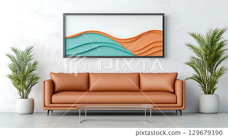 Modern Living Room with Stylish Sofa and Abstract Wall Art in Soft Color Palette 129679390