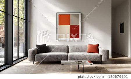 Modern Living Room with Cozy Sofa and Abstract Wall Art in Bright Natural Light Modern Living Room with Cozy Sofa and Abstract Wall Art in Bright Natural Light 129679391
