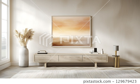 Modern Interior with Abstract Artwork and Elegant Furniture in Warm Neutral Tones 129679423