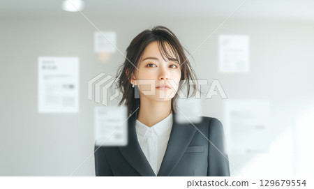 A woman in a recruitment suit and her application documents depicting the future 129679554