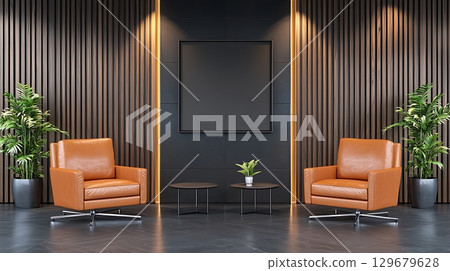 Modern Interior Design with Two Stylish Leather Chairs and Decorative Plants in Contemporary Space 129679628