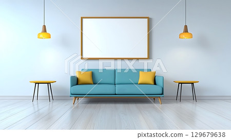 Modern Living Room with Blue Sofa and Yellow Details Under Bright Pendant Lights 129679638