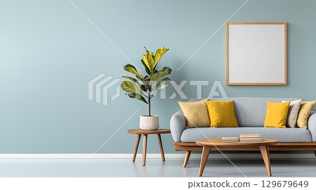 Cozy living room interior with modern furnishings and indoor plant against pastel wall 129679649