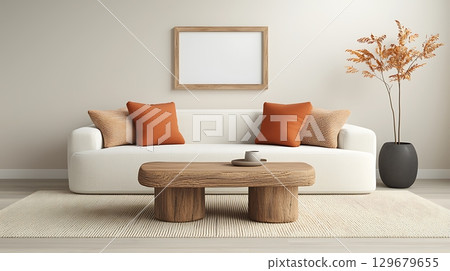Modern living room interior with cozy sofa, decorative pillows, wooden coffee table, and plant 129679655