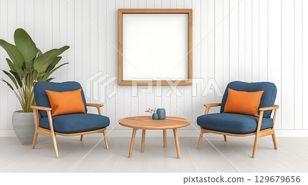 Cozy Modern Living Room with Blue Chairs, Orange Pillows, and Empty Frame on Wall 129679656