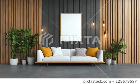 Modern Living Room Design with White Sofa, Wooden Walls, and Stylish Green Plants 129679657